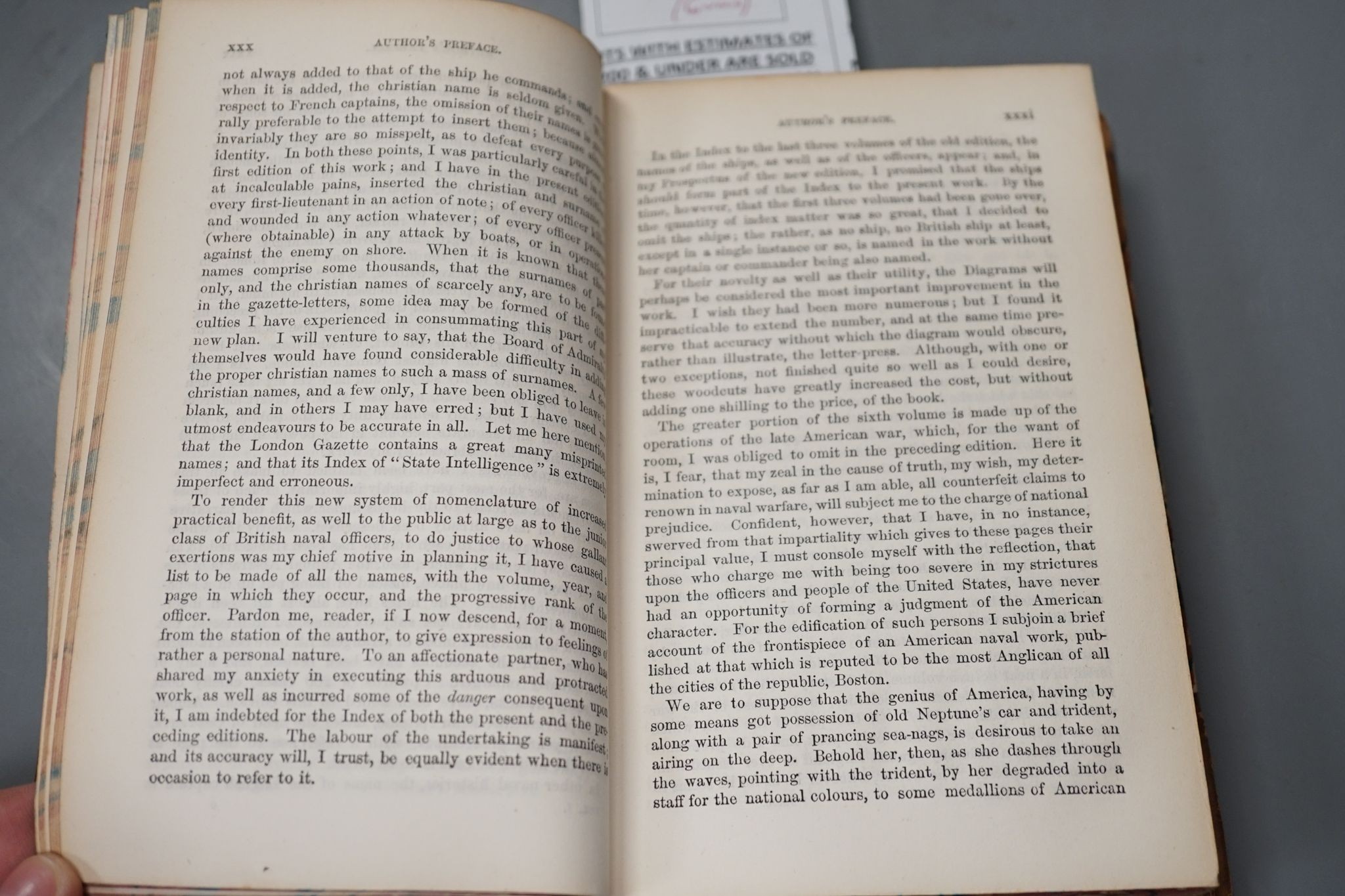 James, William - The Naval History of Great Britain ... new edition, with additions and notes, 6 vols. portrait frontispieces, 27 folded tables, text diagrams, contemp. half calf and marbled
